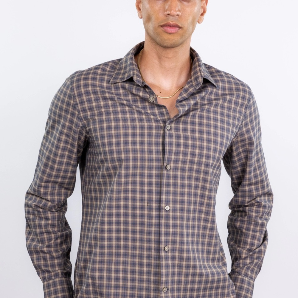 John‎ Varvatos Navy and Tan Plaid Shirt